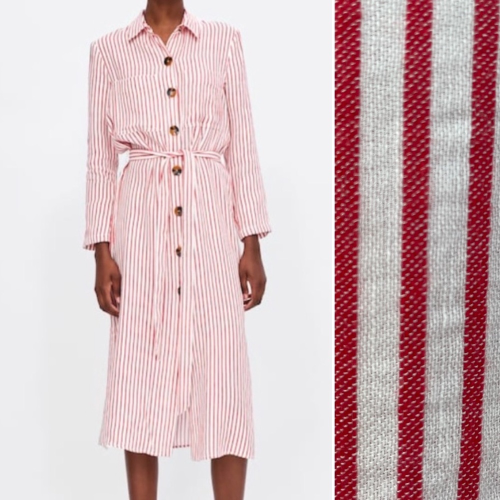 Zara Shirt Dress Red White Striped Linen Blend Midi Button Front Shirtdress